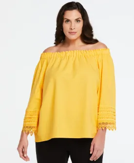 Plus Size Linen Blend Peasant Top with Lace Sleeve