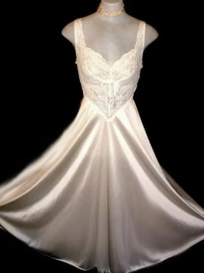 Luxurious Vintage Olga Nightgown with Rare All-Lace Bodice and Sheer Back Detail in Moonbeams