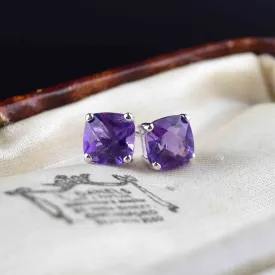 14K White Gold Checkerboard Amethyst Stud Earrings