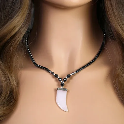 18" Pink Flat Tooth Stone Hematite Necklace