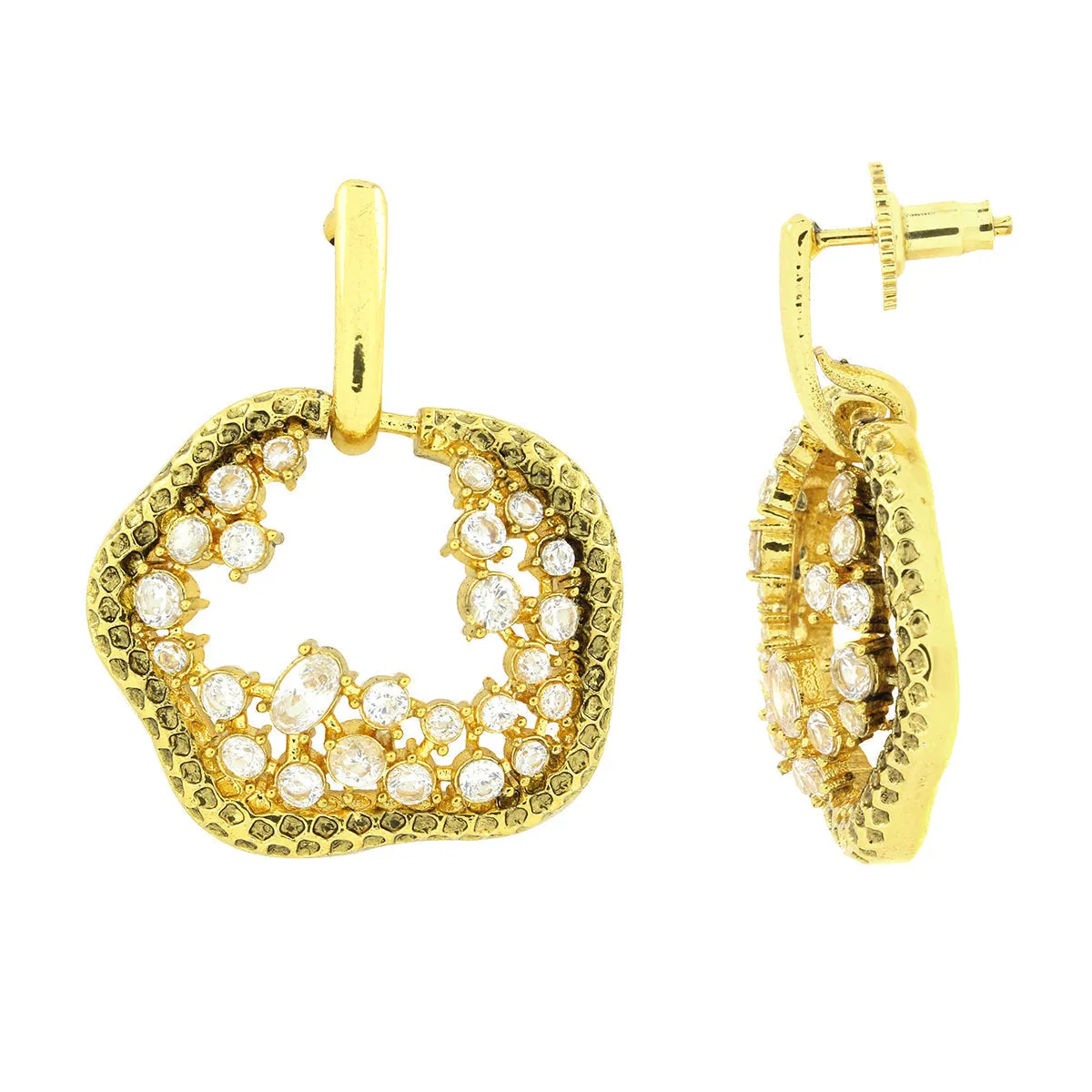 3D Amoeba Antique Gold Plated American Diamond Stud Earring For Women