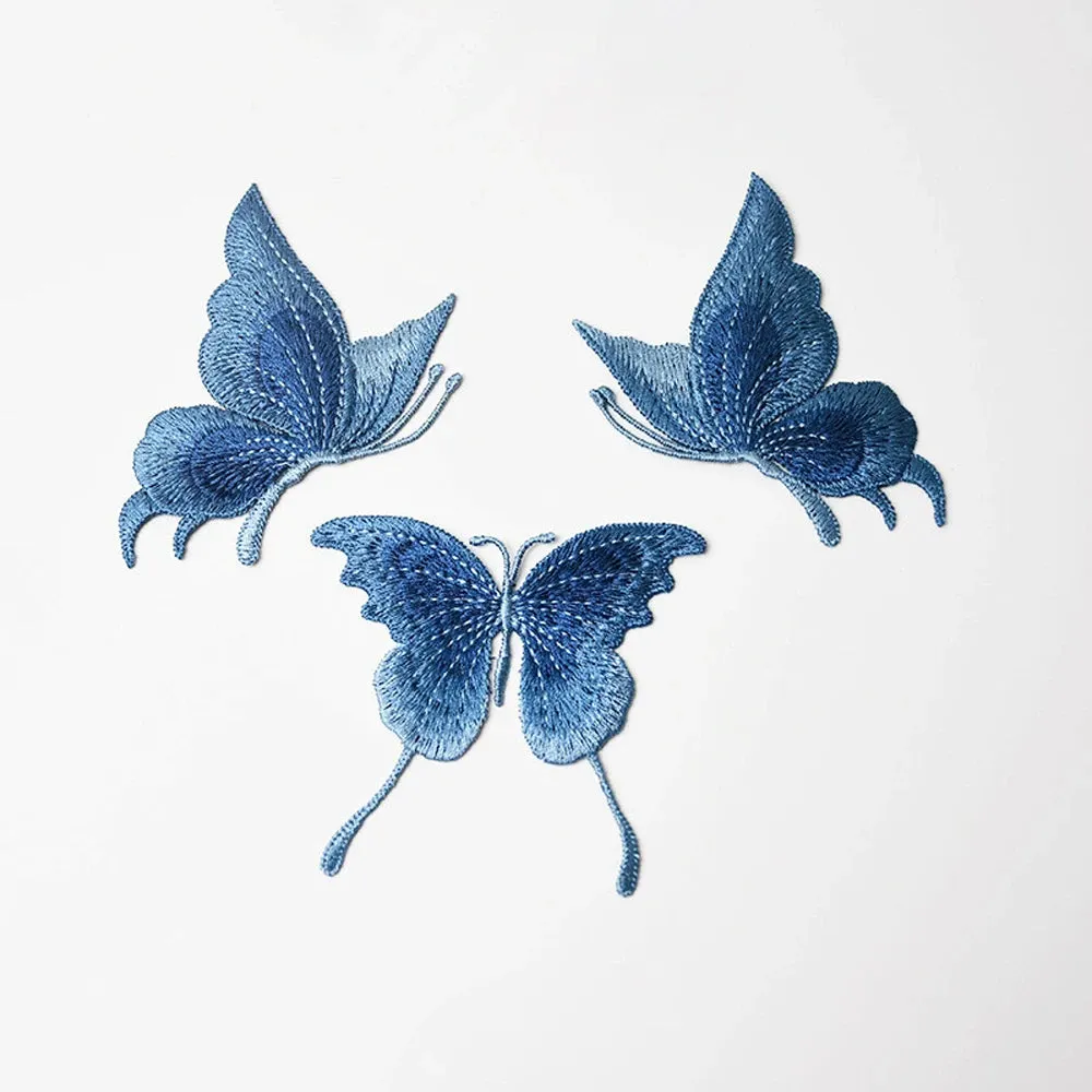 3Pcs Blue Lace Embroidered Butterfly Patches Sew On Clothes Applique Dancing Dress