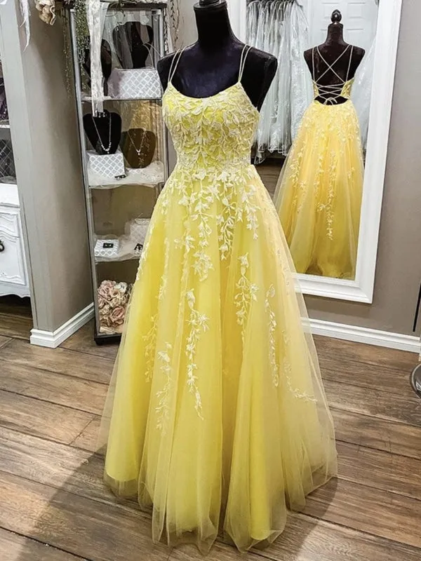 A Line Backless Yellow Lace Long Prom, Yellow Lace Formal Graduation Evening