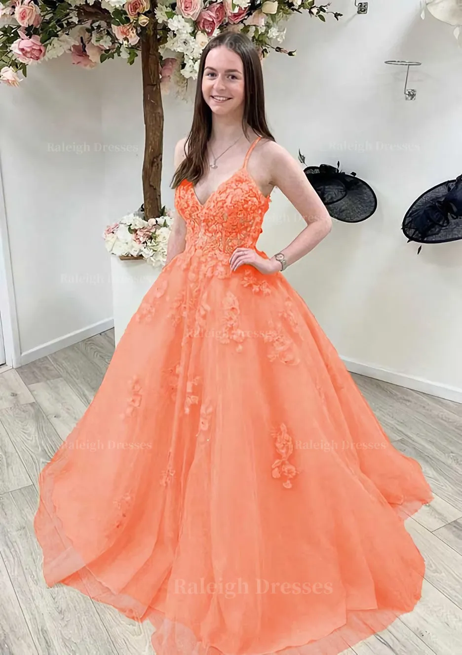 A-line Princess V Neck Sleeveless Sweep Train Tulle Prom Dress With Appliqued Beading Lace