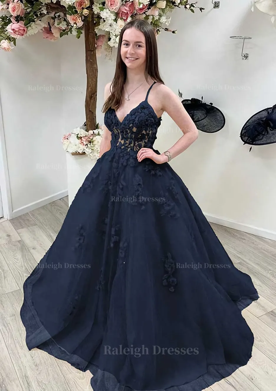 A-line Princess V Neck Sleeveless Sweep Train Tulle Prom Dress With Appliqued Beading Lace