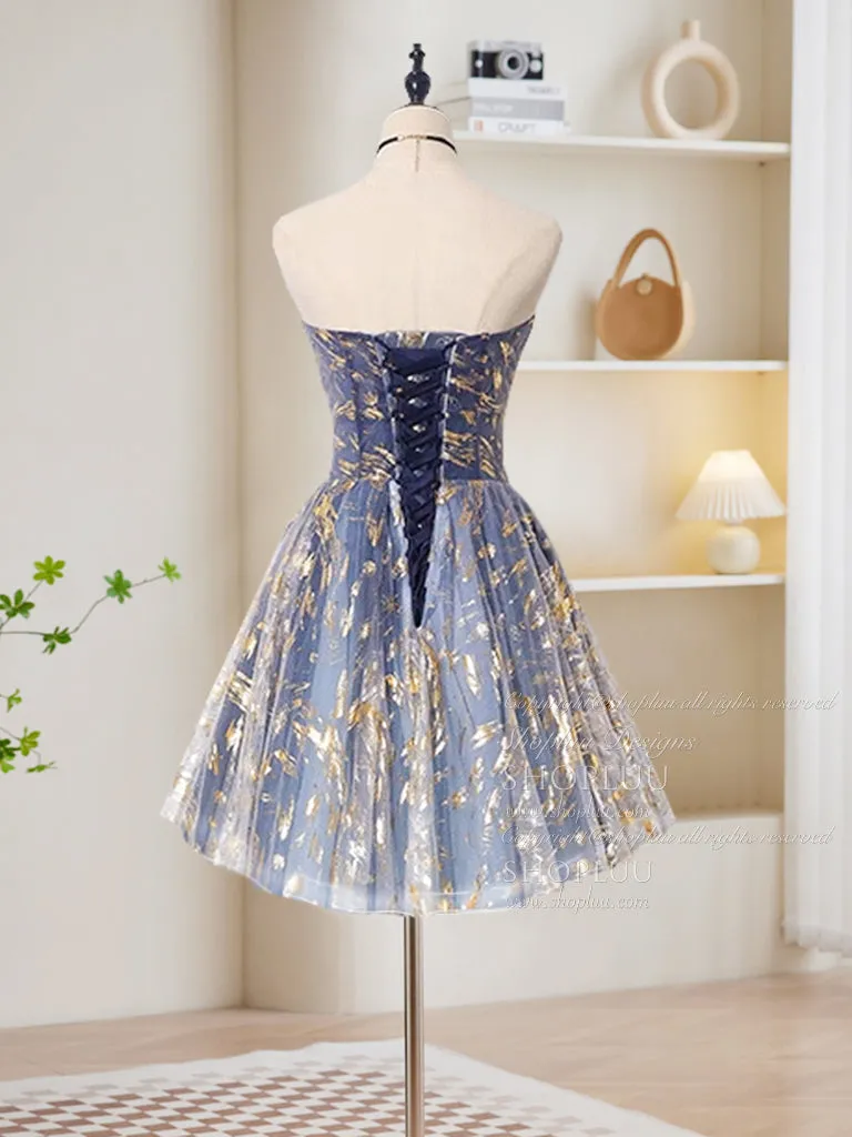 A-Line Tulle Lace Blue Short Prom Dress, Cute Blue Homecoming Dress