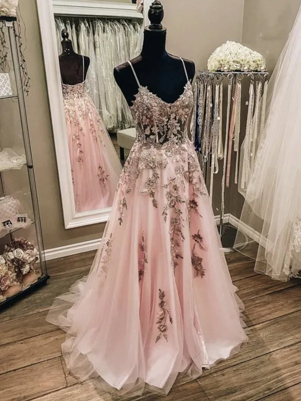 A Line V Neck Backless Pink Lace Floral Long Prom, Long Pink Lace Formal Graduation Evening