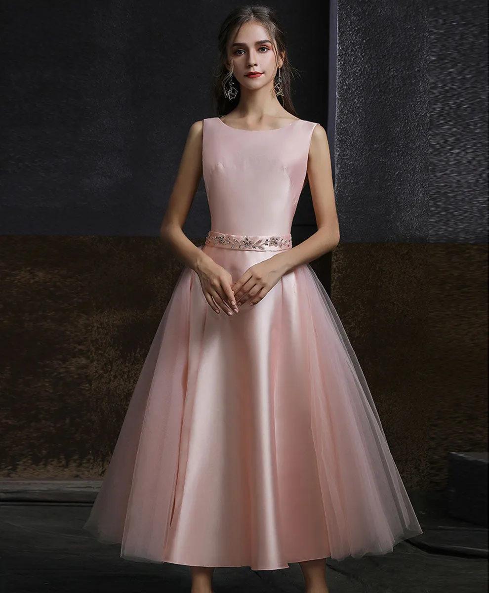 Aline Round Neck Tulle Short Pink Prom Dress, Aline Pink Tulle Bridesmaid Dress