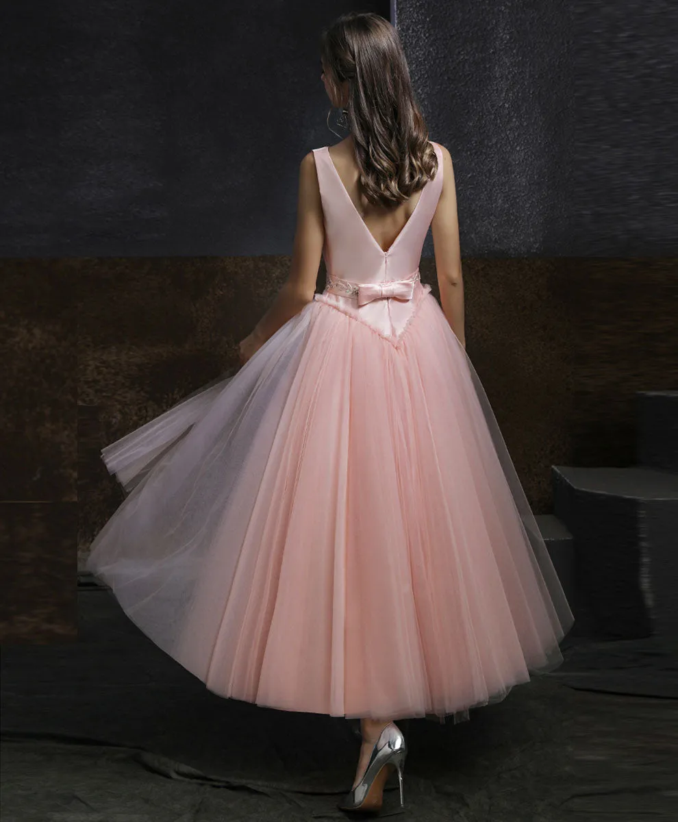 Aline Round Neck Tulle Short Pink Prom Dress, Aline Pink Tulle Bridesmaid Dress