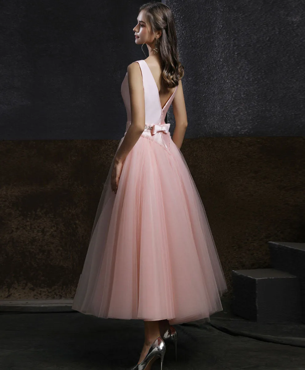 Aline Round Neck Tulle Short Pink Prom Dress, Aline Pink Tulle Bridesmaid Dress