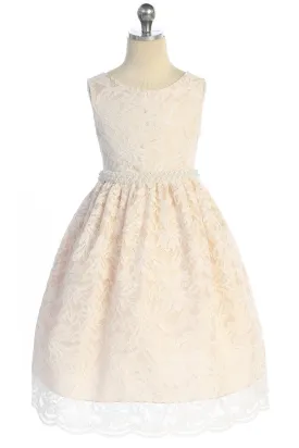 All Lace Girls Plus Size Dress with V Back & Bow and Thick Pearl Trim