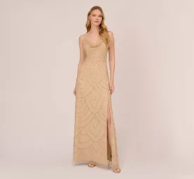 Art Deco Beaded Mermaid Gown With Cowl Neckline In Champagne Gold