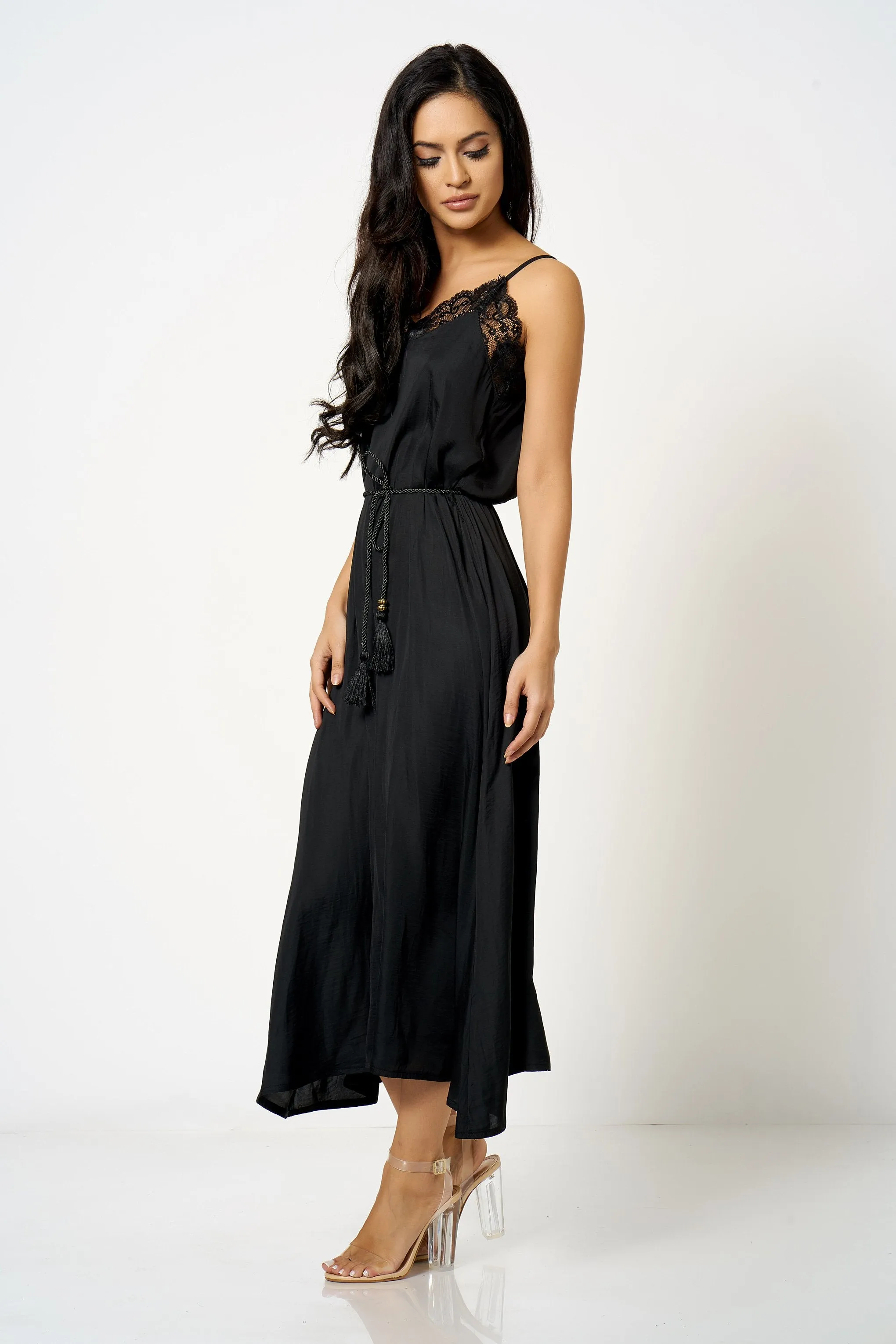 Black Lace Trim Cami Maxi Dress