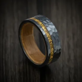 Black Titanium and 24K Raw Gold Nugget Men's Ring with Wood Sleeve Custom Made Band