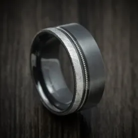 Black Zirconium Guitar String Men's Ring with Gibeon Meteorite Inlay Custom Made Band