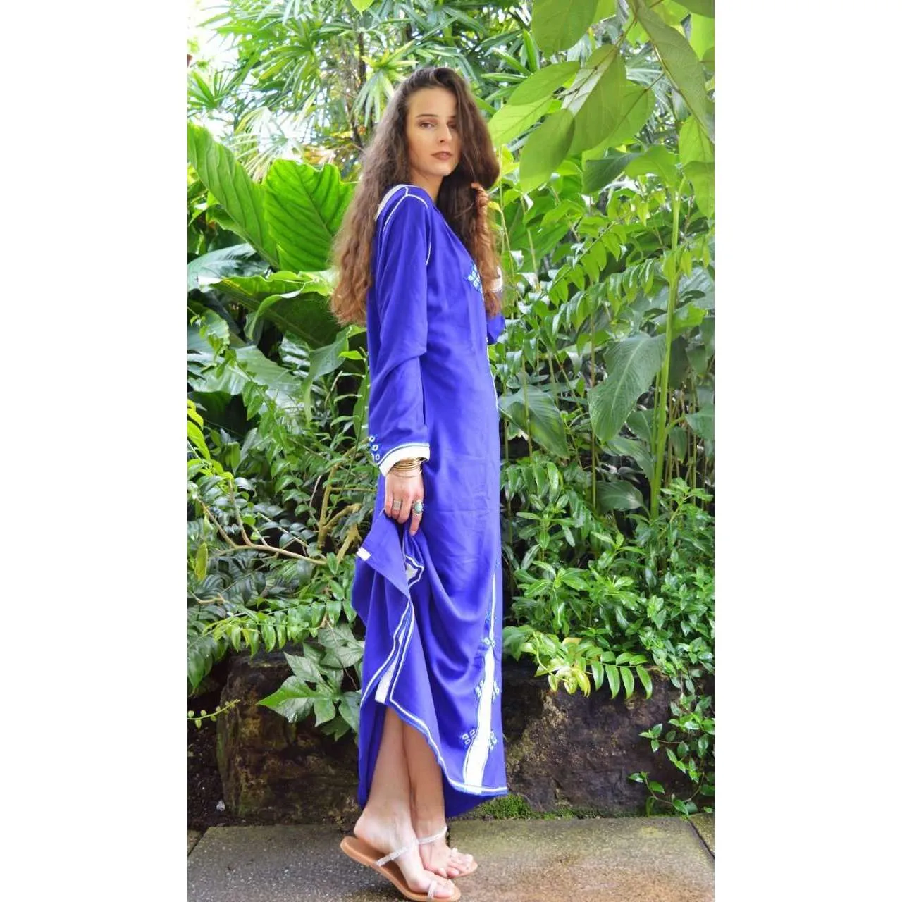 Blue Moroccan Lella Djileba Hood Lounge Kaftan Caftan