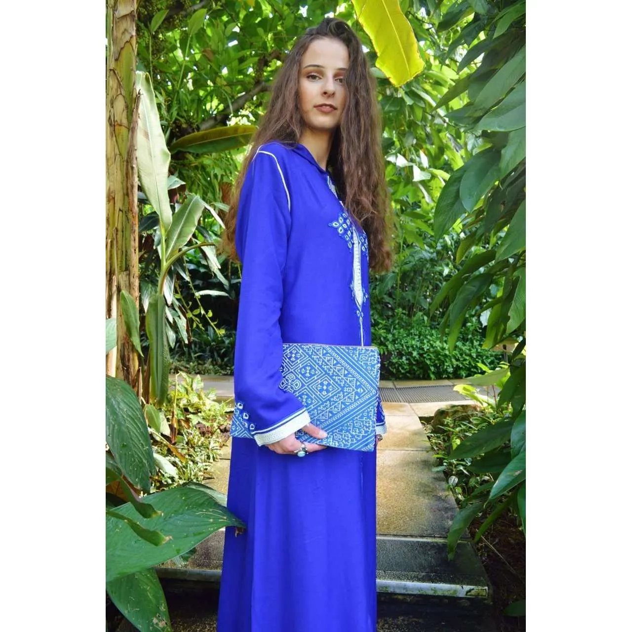 Blue Moroccan Lella Djileba Hood Lounge Kaftan Caftan