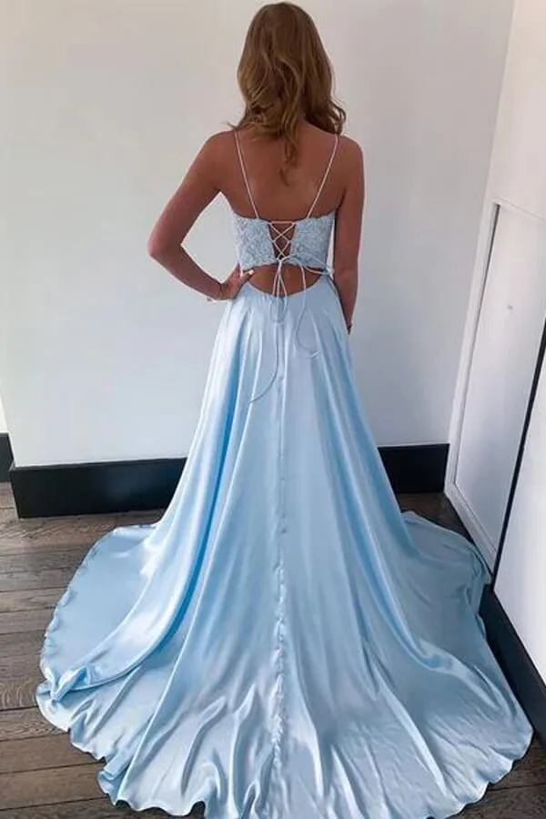 Blue Satin Lace Top Spaghetti Straps Long Prom Dresses With Side Slit, SP890