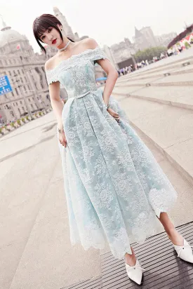 Blue tulle lace tea length prom dress, blue tulle lace evening dress