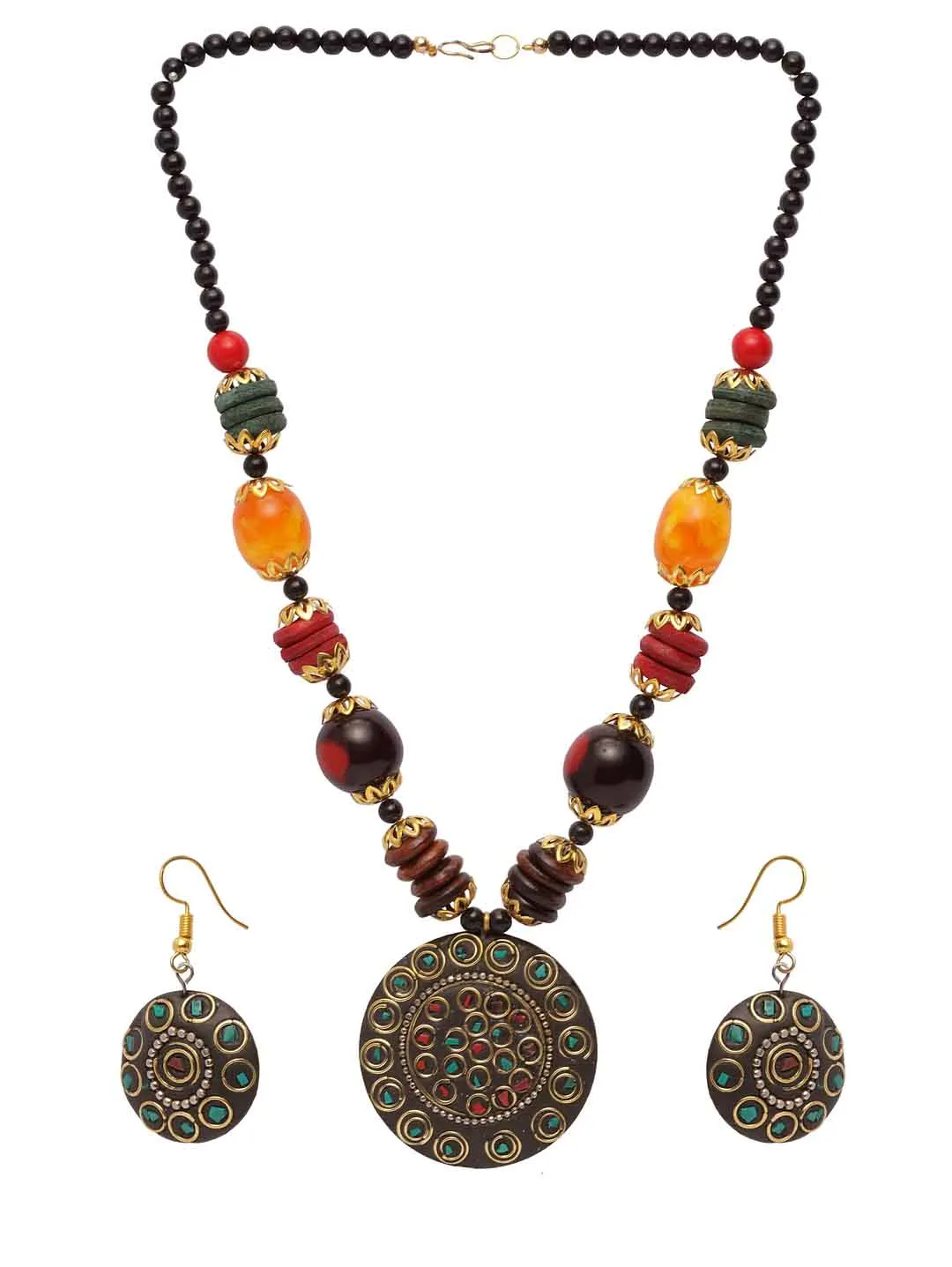 Copper-Plated Black & Green Beaded Jewellery Set