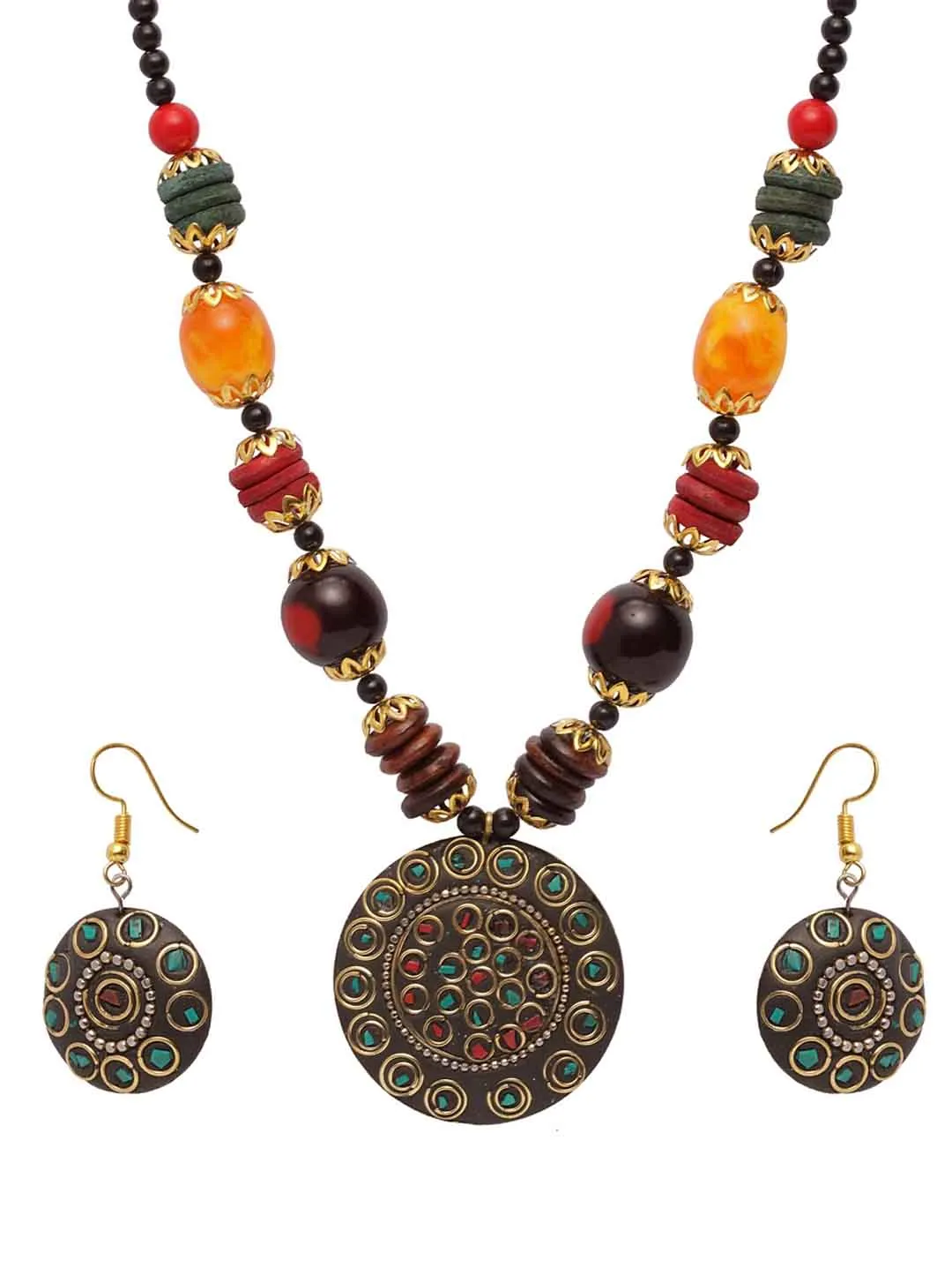 Copper-Plated Black & Green Beaded Jewellery Set