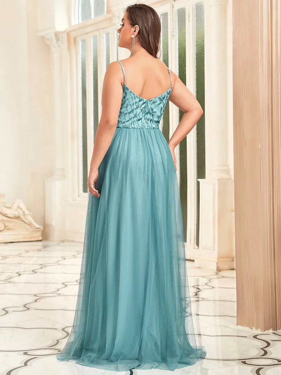 Custom Size Soft Spaghetti Straps V-Neck Embroidery Evening Dress