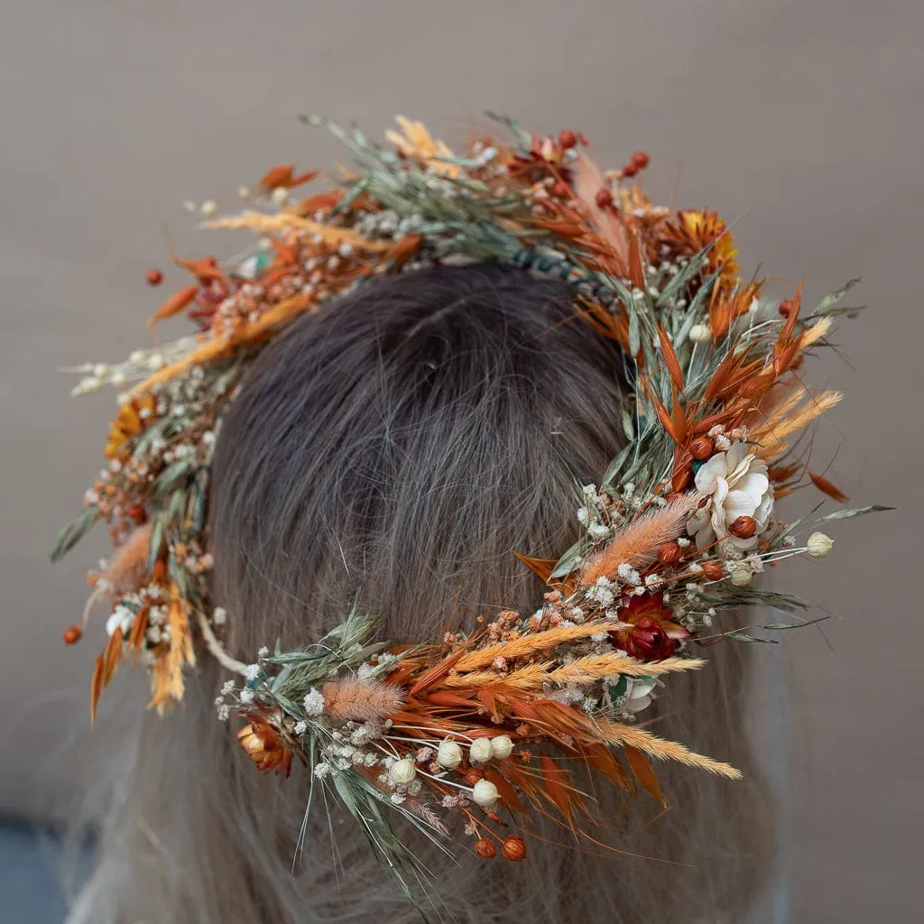 Dried Flowers Bridal Crown - Pastel Orange & Green