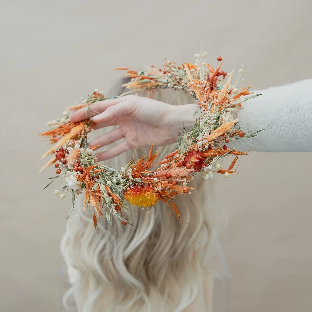 Dried Flowers Bridal Crown - Pastel Orange & Green