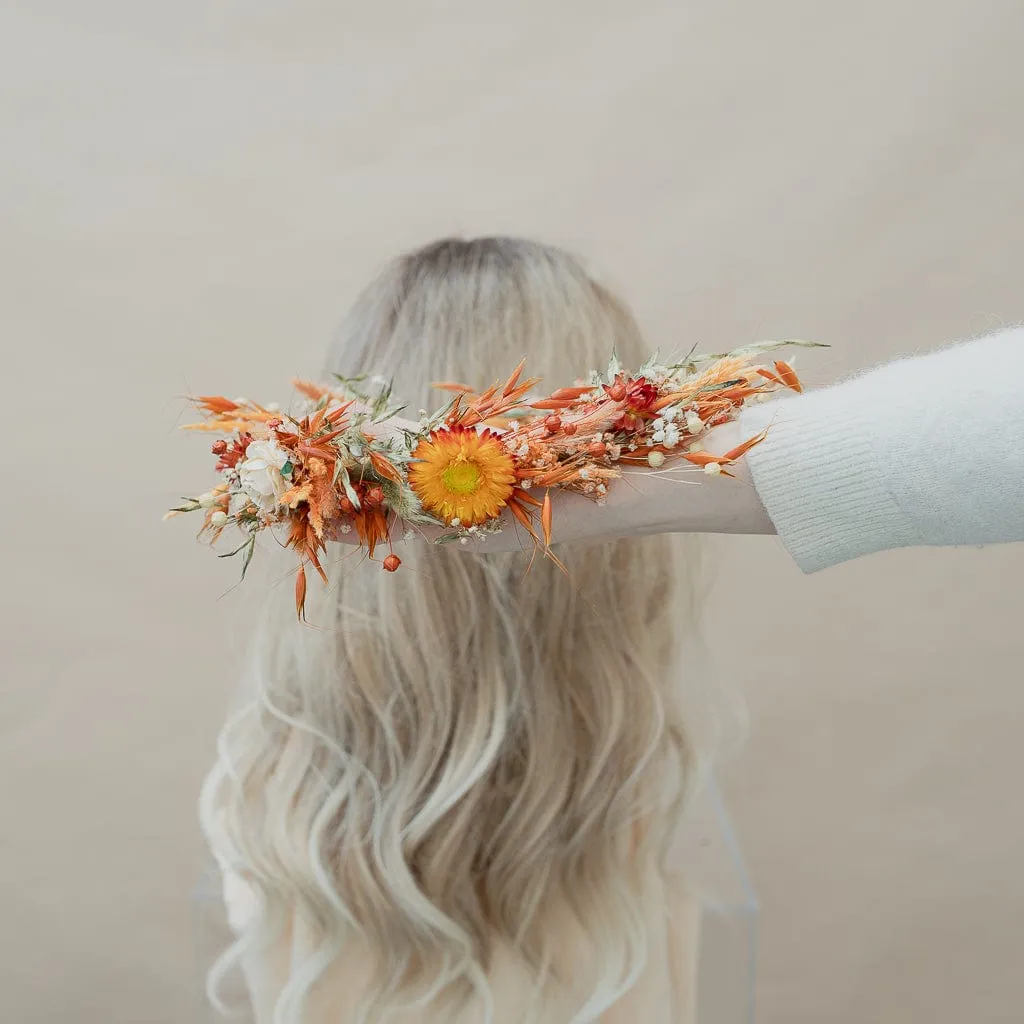 Dried Flowers Bridal Crown - Pastel Orange & Green