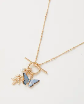 Enamel Blue Butterfly & Leaf Charm Necklace