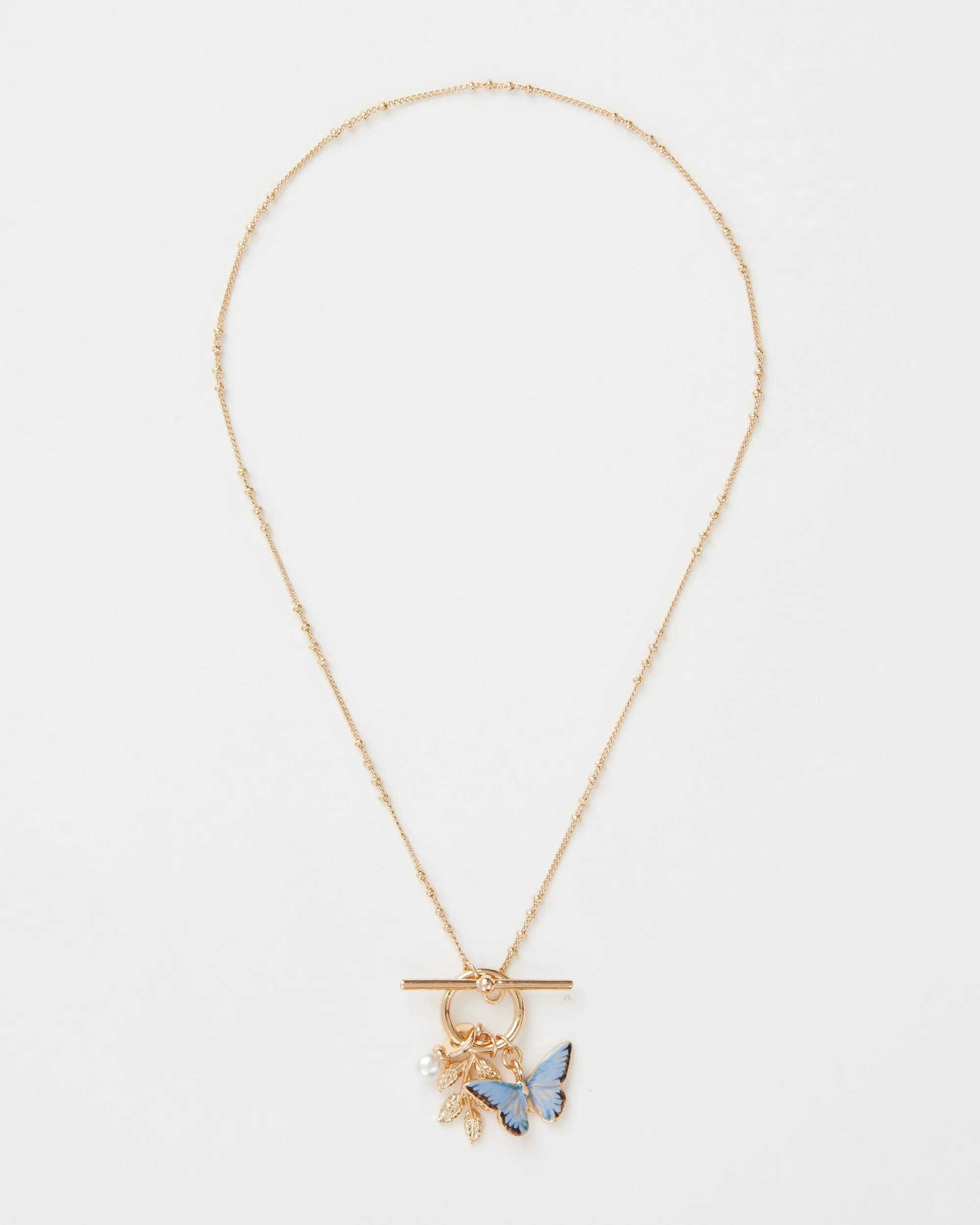 Enamel Blue Butterfly & Leaf Charm Necklace