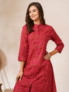 Ethnic Floral Printed A-Line Paneled Kurta - Pink