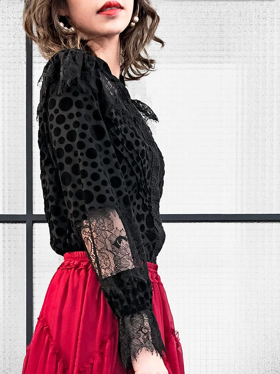 Further Sale! Velvet Dotty Black Eyelash Lace Trim Long Sleeve Blouse