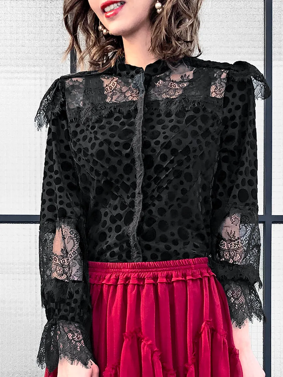 Further Sale! Velvet Dotty Black Eyelash Lace Trim Long Sleeve Blouse