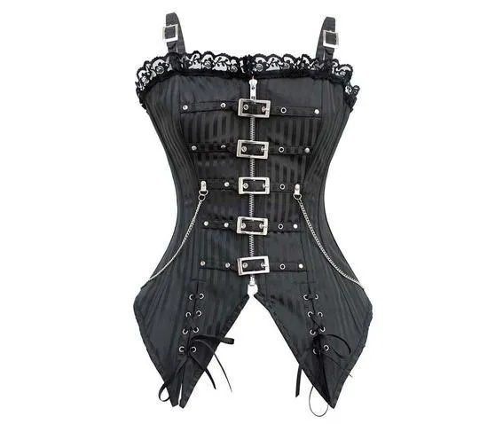 Gothic Striped Lace Buckles Overbust Corset With Thong