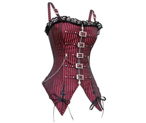 Gothic Striped Lace Buckles Overbust Corset With Thong