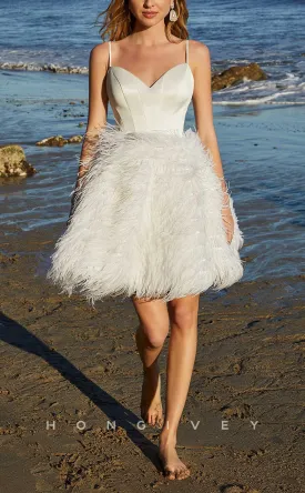 H1022 - Sweet V-Neck Spaghetti Straps Feathered Short Wedding Dress