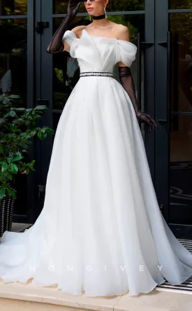 H1037 - Classic & Timeless Off-Shoulder Ruched Sashes Lace Sleeves Wedding Dress