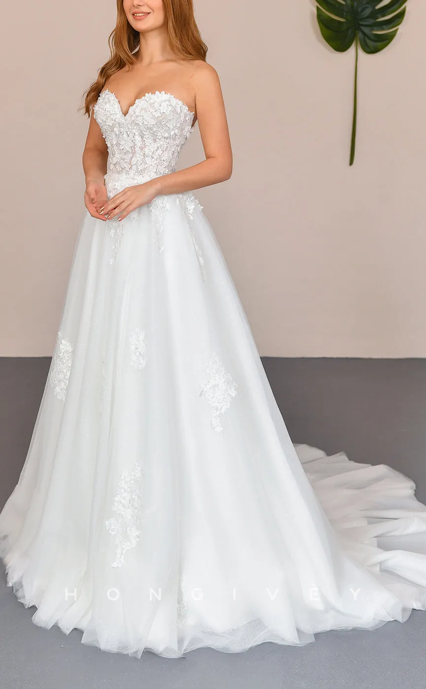 H1305 - Sexy Tulle A-Line Sweetheart Strapless Illusion Empire Appliques With Train Wedding Dress