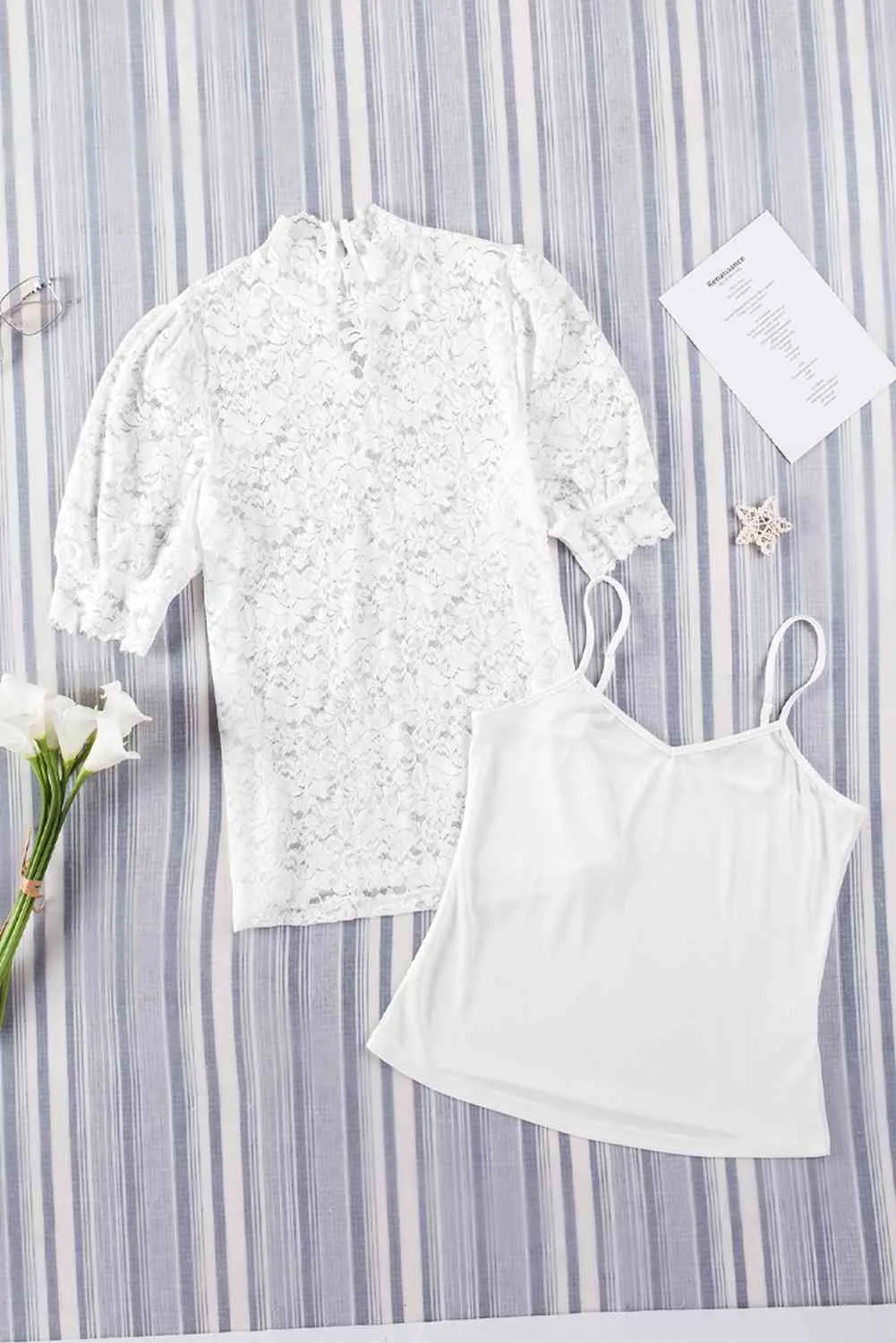 Lace Scalloped Short Puff Sleeve Top