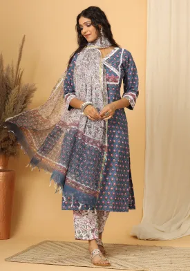 Leela - Hand Block Print Cotton Suit Set With Pure Kota Doria Dupatta