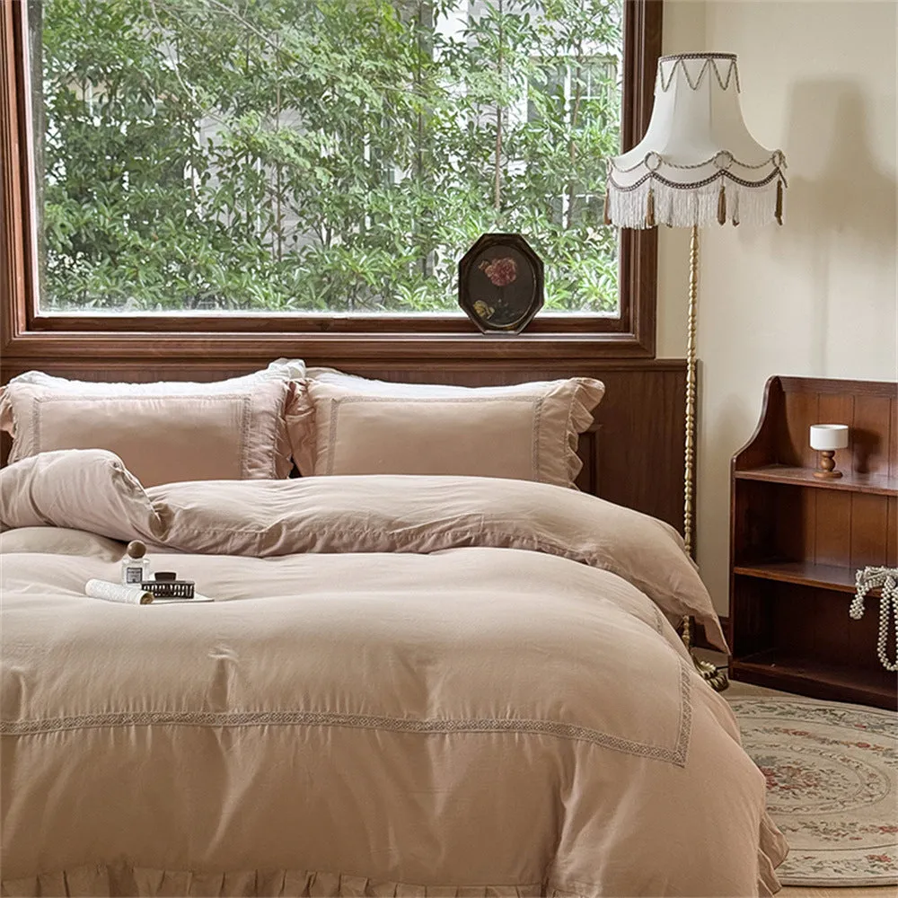 Madeleine Lace Double Gauze Ruffle Bedding Set / Brown