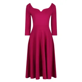 Magenta Diamond Neckline 3/4 Sleeve Vintage Swing Midi Dress