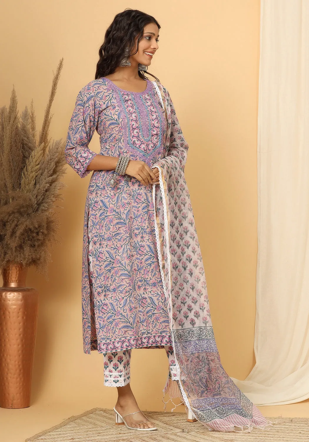 Meera - Hand Block Print Cotton Suit Set With Pure Kota Doria Dupatta