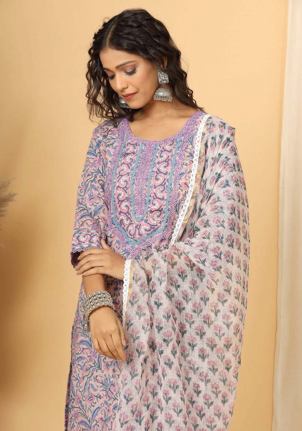 Meera - Hand Block Print Cotton Suit Set With Pure Kota Doria Dupatta