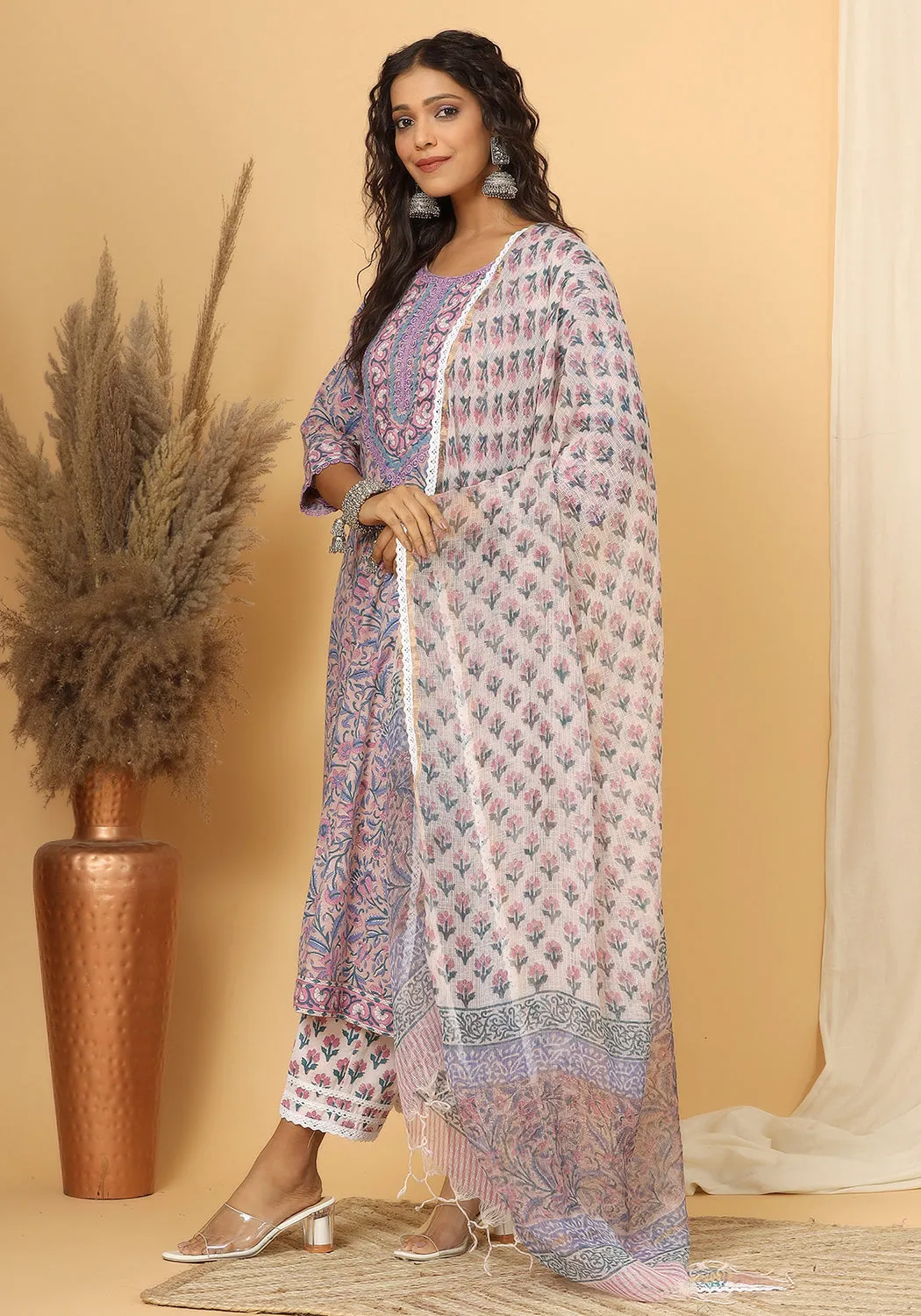 Meera - Hand Block Print Cotton Suit Set With Pure Kota Doria Dupatta