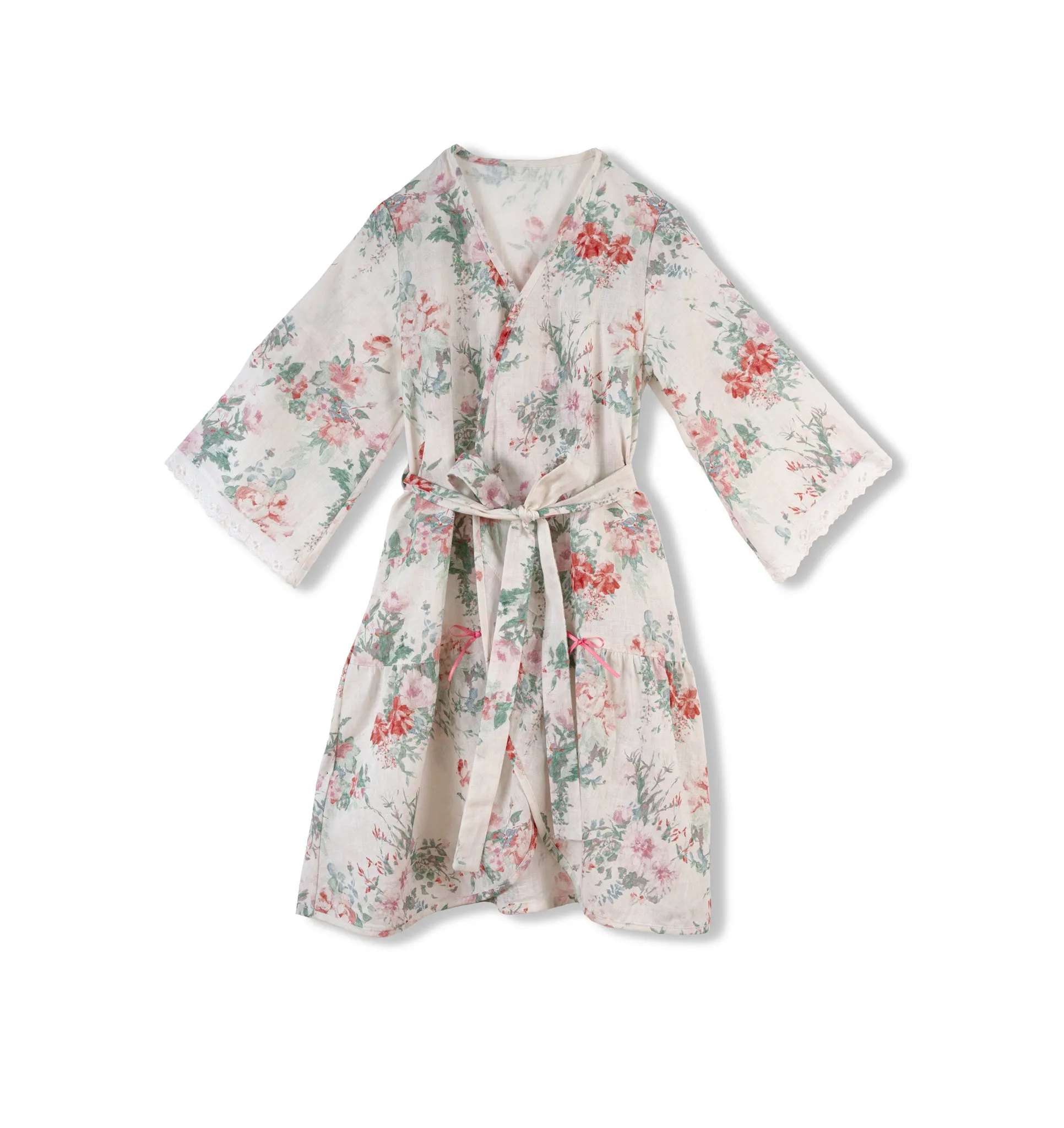 MILA GIRLS’ LINEN DRESSING GOWN PINK FLOWERS