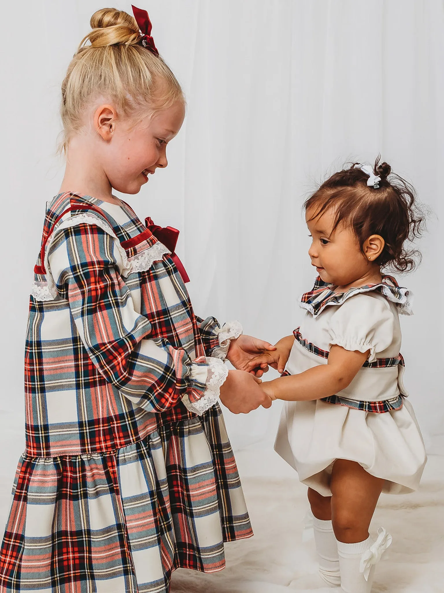 'Noelle' Tartan Dress with Burgundy Bow