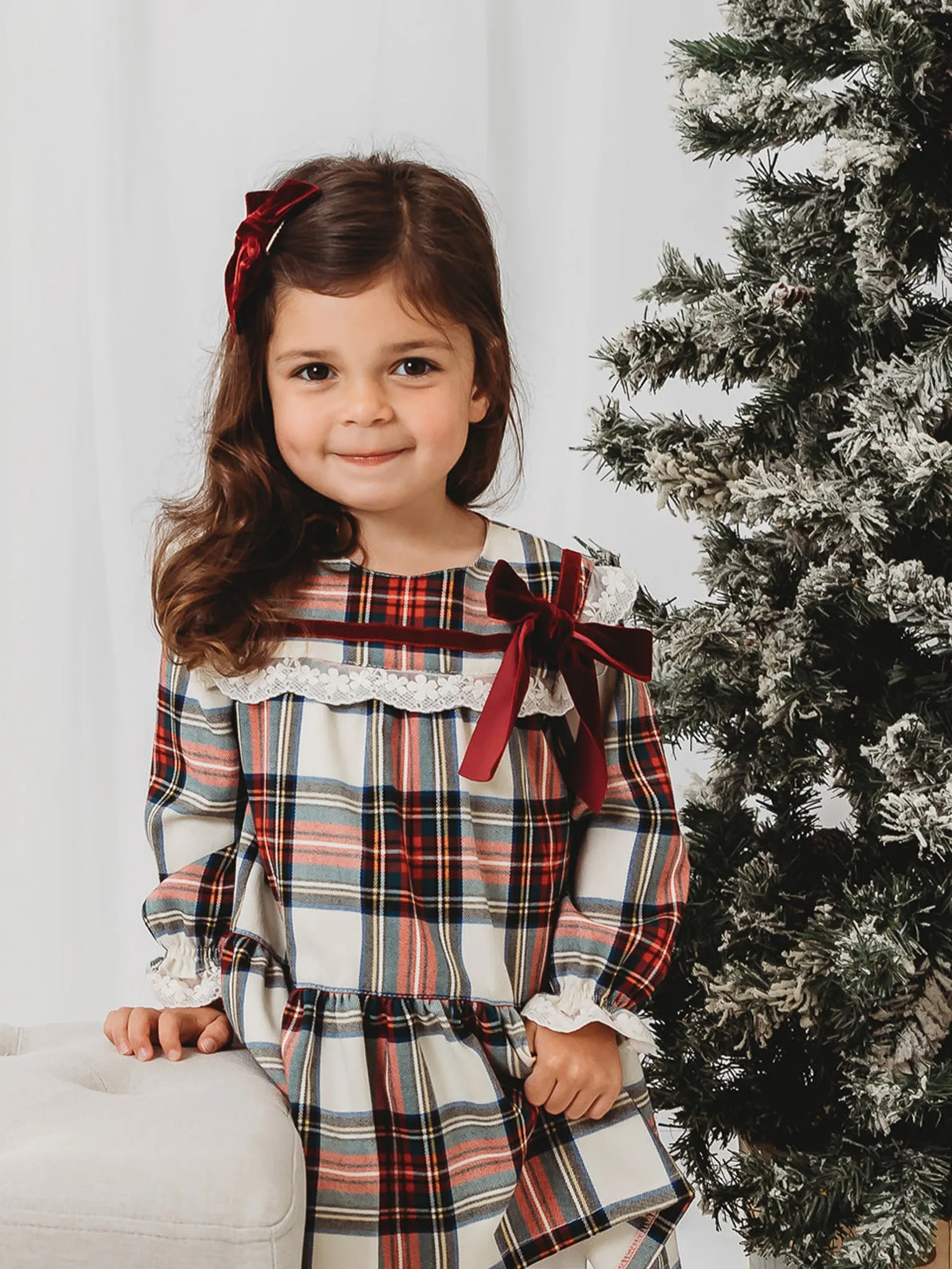 'Noelle' Tartan Dress with Burgundy Bow