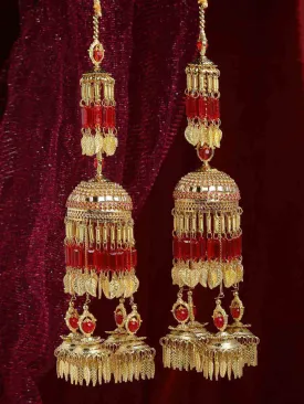 Pak Of 2 Gold-Plated & White Stone Studded & Red Beaded Bridal Layered Kaleeras